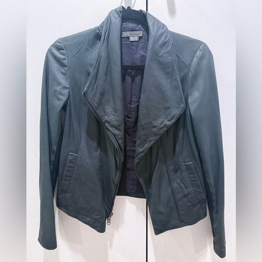 Vince Dark Blue Leather Draped Jacket